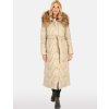 Smotanový dámsky prešívaný kabát s prírodnou kožušinou