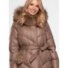 Hnedý dámsky prešívaný páperový kabát s brmbolcom na vrecku
