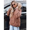 Hnedá dámska prešívaná bunda s kožušinovým lemom