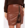Hnedá dámska koženková sukňa s ozdobným zipsom a čipkou