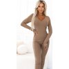 Béžový dámsky elegantný rebrovaný overal s výstrihom