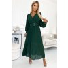 Skladané tmavozelené šifónové šaty s dlhými rukávmi a opaskom KLARA
