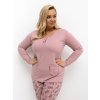 Ružové dámske dlhé plus size pyžamo s kvetinovými nohavicami