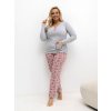 Sivo-ružové dámske dlhé plus size pyžamo s kvetinovými nohavicami
