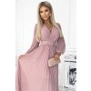 Skladané púdrové šifónové šaty s dlhými rukávmi a opaskom KLARA