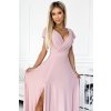 Svetloružové dlhé šaty s výstrihom a trblietkami CRYSTAL