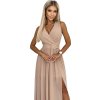Dlhé tmavobéžové spoločenské šaty s výstrihom GERDA