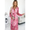 Ružové vzorované šaty s výstrihom a dlhým rukávom ENRICA