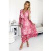 Ružové vzorované šaty s výstrihom a dlhým rukávom ENRICA