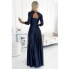 Elegantné tmavomodré čipkové dlhé šaty s výstrihom ELISA