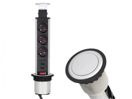 Výsuvný zásuvkový sloupek 3x 230V a 2x USB nabíječka šedý