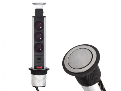 Výsuvný zásuvkový sloupek 3x 230V a 2x USB nabíječka nerez