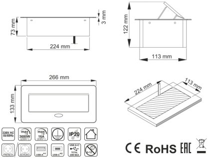 Výklopná zásuvka BOX 2x 230V a 2x USB nabíječka s 3m kabelem - hliník