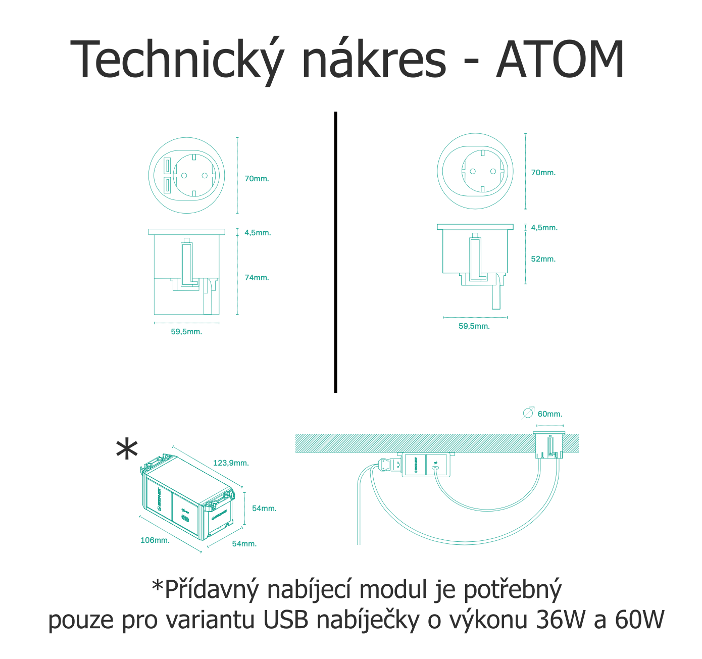 Levně IBConnect Elektro zásuvka Atom matná bílá - různé konfigurace Konfigurace elektrozásuvky: 1x230V + USB nab. C (60W)