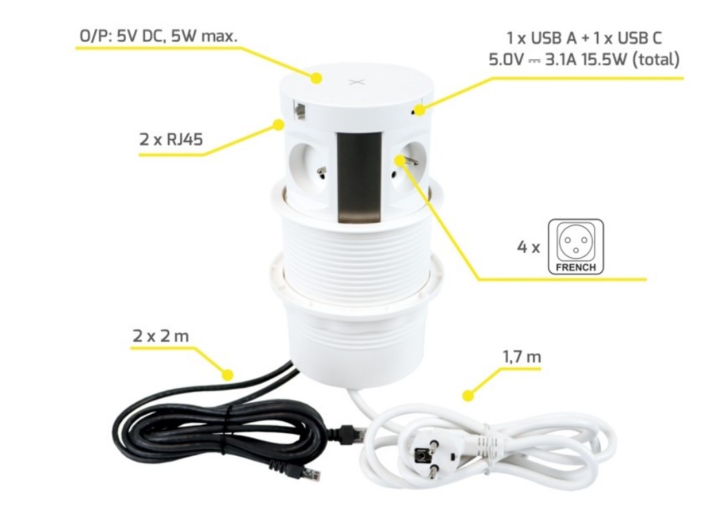 Levně IN-LIGHT Výsuvný sloupek MULTI 4x 230V, 2xRJ45, A+C nab. a bezdrátová nabíječka bílý