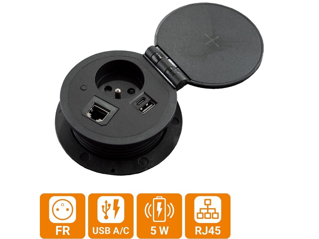 IN-LIGHT Zásuvka LUPO s USB A+C, 1xRJ45 a bezdrátovou nabíječkou - černá