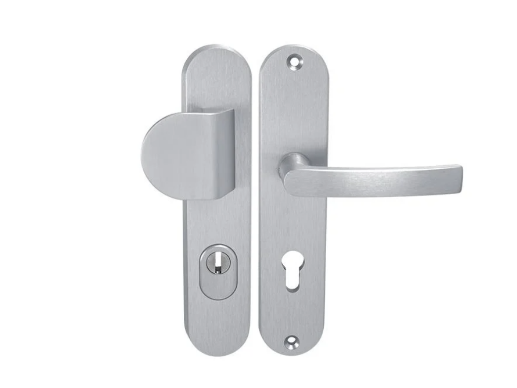 In-Design Bezpečnostní klika Beta 2 Plus oválný štít rozteč 92 mm s PZ otvorem přírodní hliník Provedení štítu: PZ - fabkový klíč