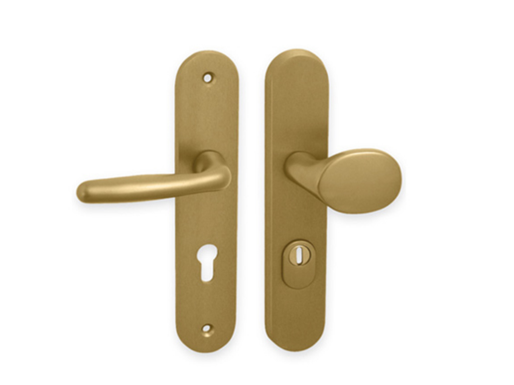 Levně In-Design Bezpečnostní klika Standard Plus oválný štít rozteč 72 mm s PZ otvorem bronz Provedení štítu: Madlo/klika