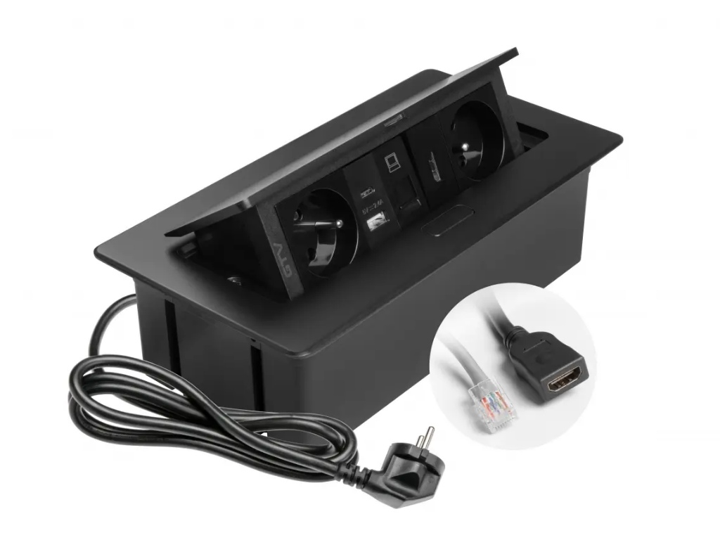 Levně IN-LIGHT Výklopná zásuvka MULTIBOX 2x230V + USB nabíječka A/C + RJ45 a HDMI - černá