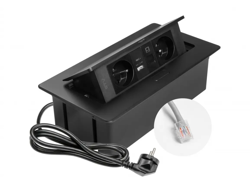 Levně IN-LIGHT Výklopná zásuvka MULTIBOX 2x230V + USB nabíječka A/C + RJ45 - černá