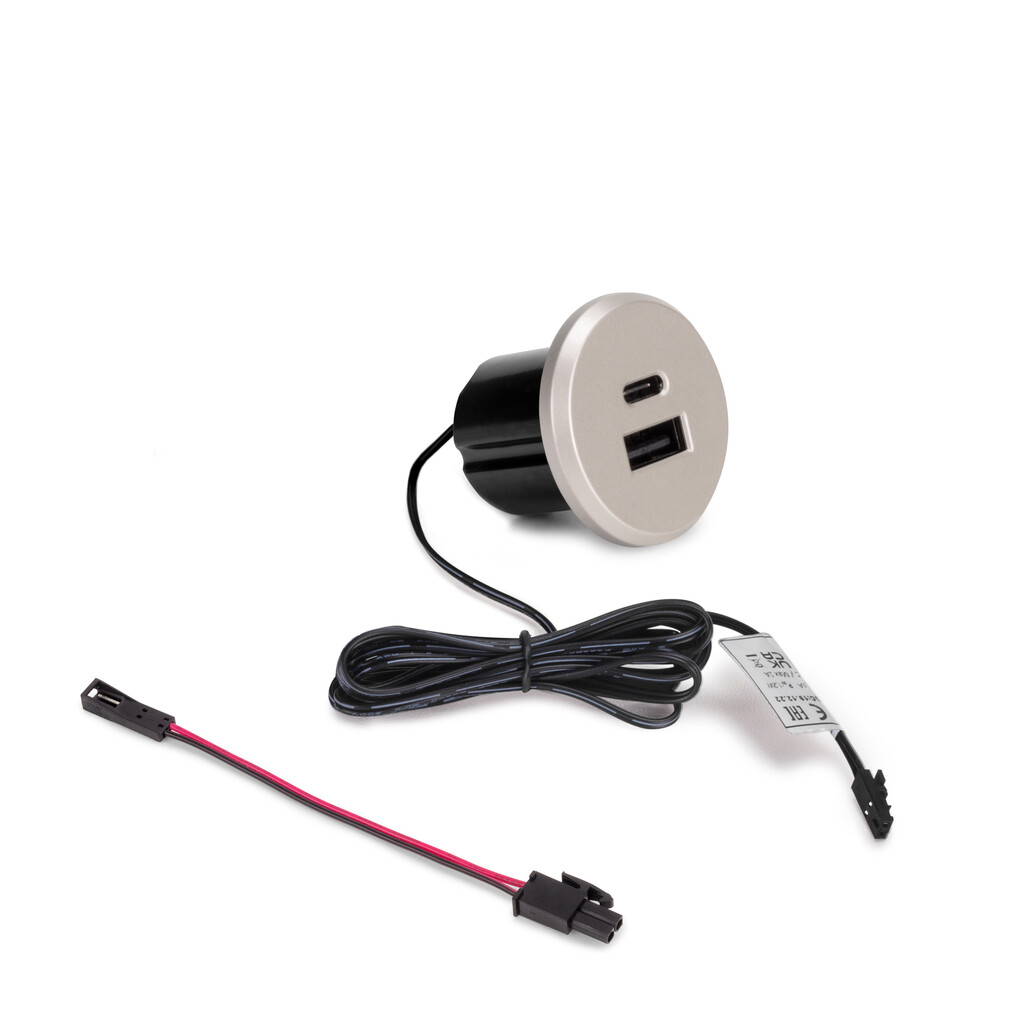 Emuca S.R.L. Nábytková zásuvka PLUGY mini USB A+C stříbrná