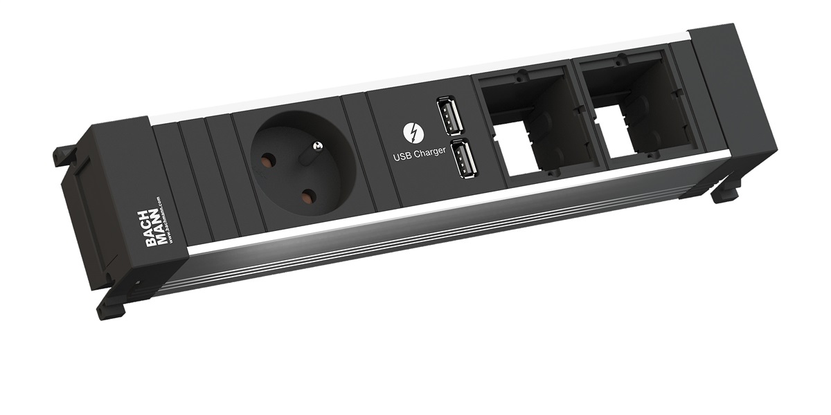 Levně BACHMANN Zásuvková jednotka POWER FRAME 2x uživ. modul, 1x 230V, 2x USB nabíječka profil hliník 916.0628