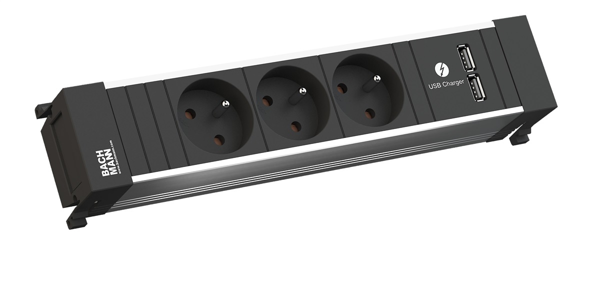 Levně BACHMANN Zásuvková jednotka POWER FRAME 3x 230V, 2x USB nabíječka profil hliník 916.1227