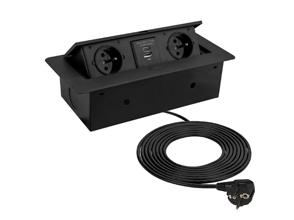 Design Light Výklopná zásuvka BOX 2x 230V a USB nabíječka A+C s 3m kabelem - černá