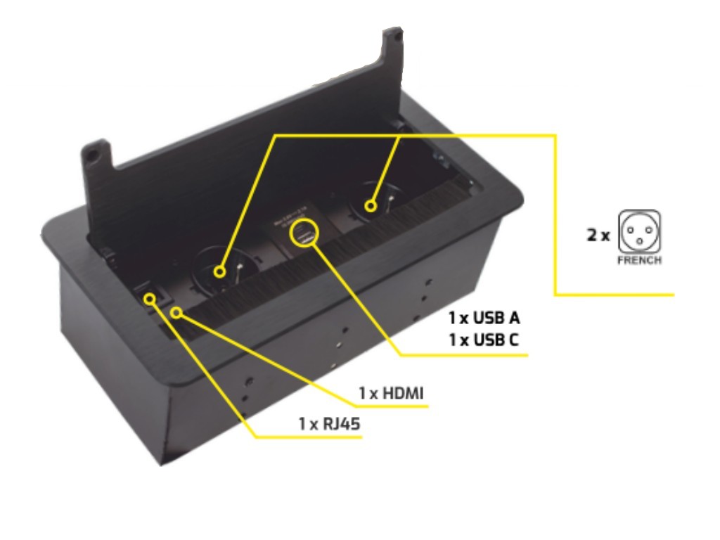 Design Light Vestavná výklopná zásuvka VARIANT černá broušená - 2x 230V + USB nab. A+C + HDMI + RJ45