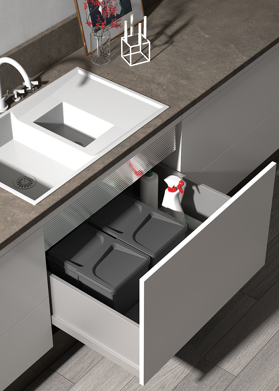 Levně In-Design Systém odpadkových košů do zásuvky - PRAKTIK šířka skříňky 450 antracit Členění odpadkového koše: 1x15 + 2x7l (výška 270)
