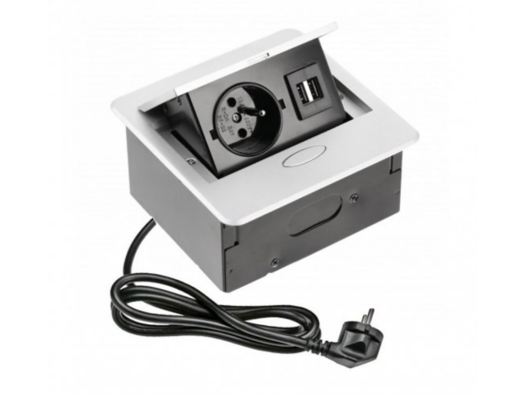 IN-LIGHT Výklopná zásuvka BOX MINI 1x 230V a 2x USB nabíječka hliník