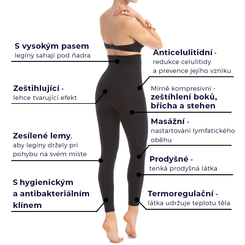 Vlastnosti damskych legin, so zvyšeným pasem, černe leginy, stahujici, anticelulitdni