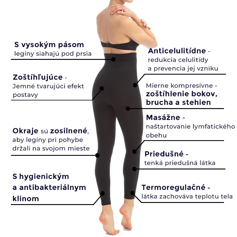 Vlastnosti sťahovacích legín, čierne legíny proti celulitíde, masážny efekt, dlhé legíny s vysokým pásom