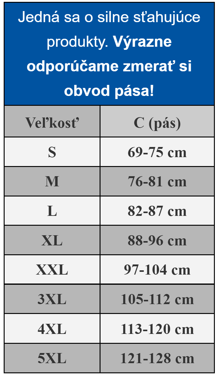 velkostná tabulka, pánsky sťahovací pás, zoštihlujúci pás, pás pod košelu