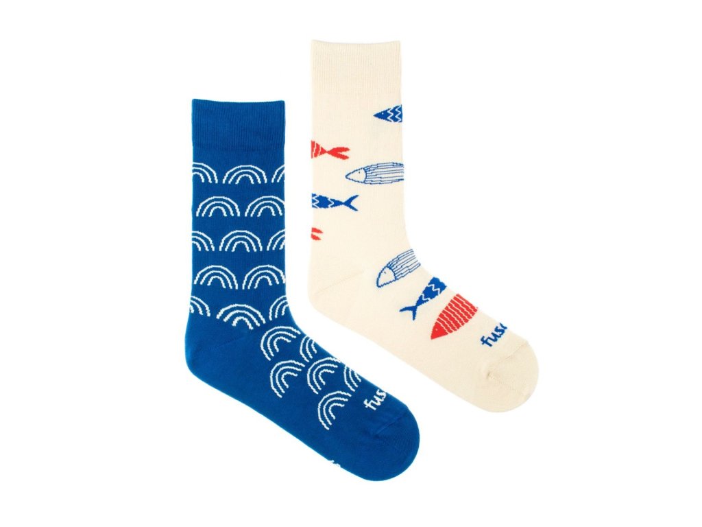 Veselé ponožky vzor Rybana farba modrá a béžová zloženie bavlna polyamid elastan