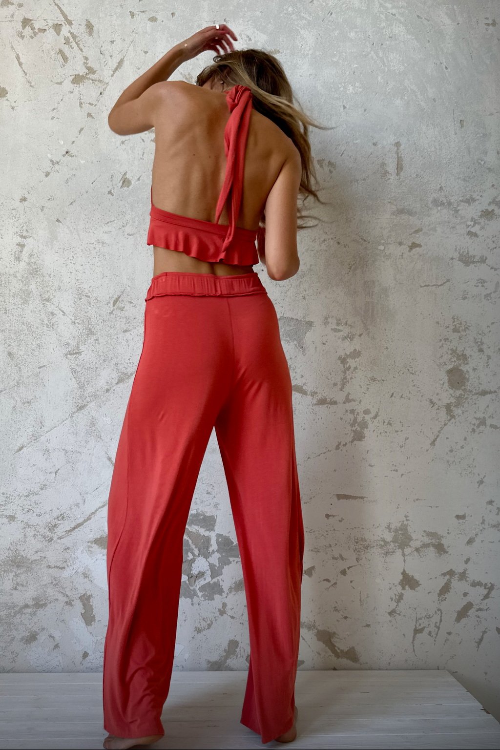 SET Ruffle Bralette Top  Long Pants  Sunset Red  Loreen Label