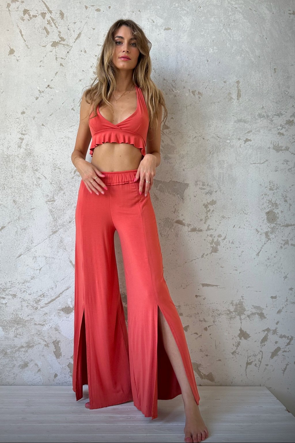 Ruffle Bralette Top & Long Pants | Sunset Red - Loreen Label