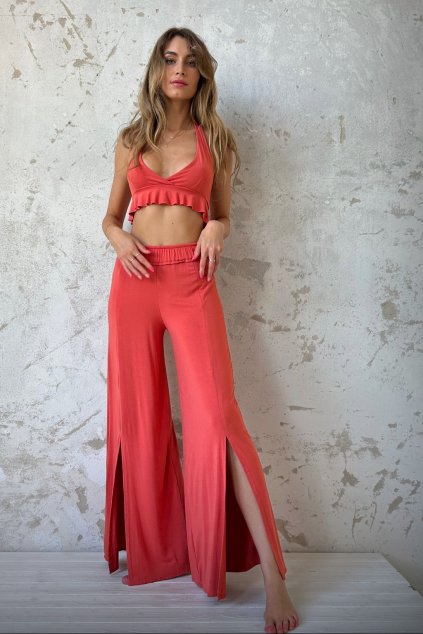 Bamboo: Side slit long pants & Ruffle bralette top