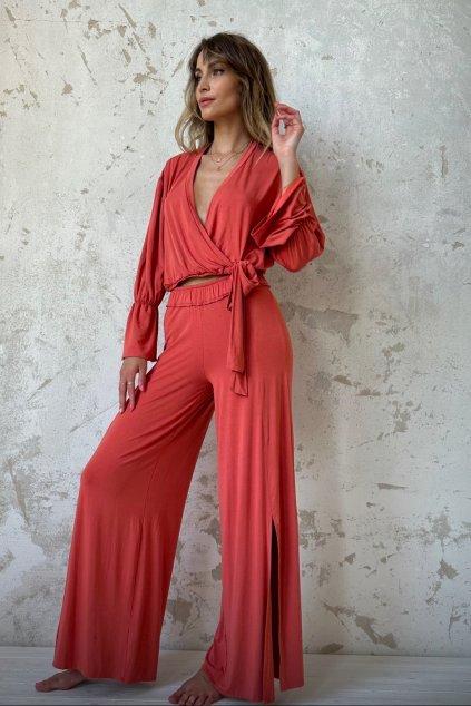 Bamboo: Side slit long pants & Wrap top