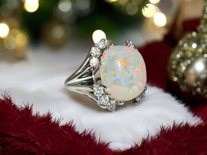 Zlatý Prsten s Australským Opálem a Diamanty