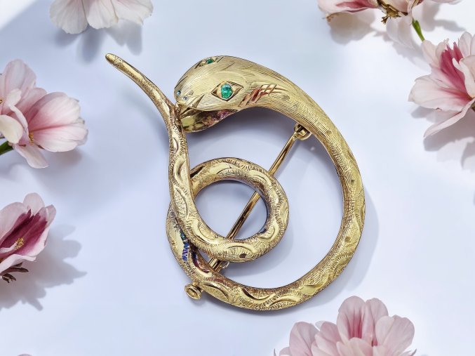 Antik Zlatá Brož ¨Had¨ se Smaragdy