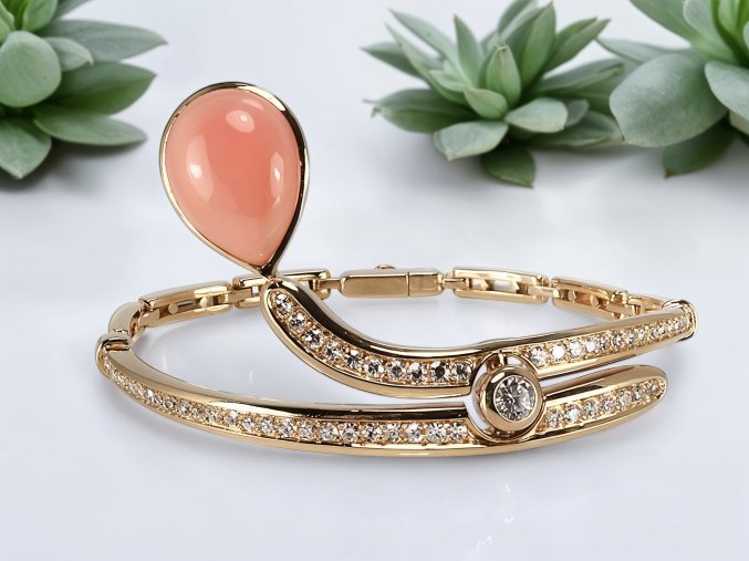 Design Zlatý Náramek s Diamanty a Mořským Korálem Andělská Kůže
