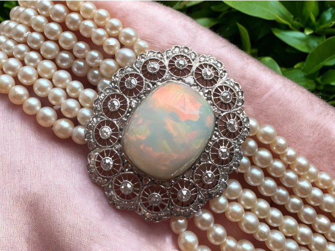 Art Deco Platinový Perlový Náramek s Opálem a Diamanty
