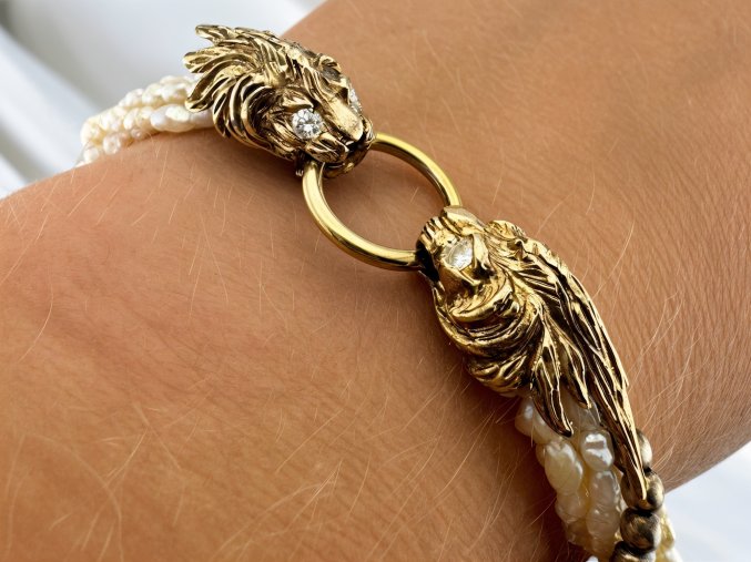 Antik 6pramenný Perlový Náramek s Luxusní Sponou s Diamanty