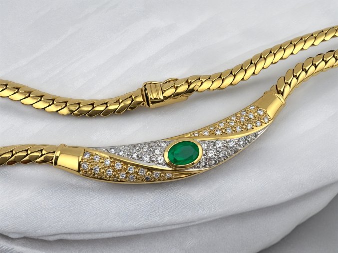 Vintage Zlatý Náhrdelník s Zambijským Smaragdem a Diamanty