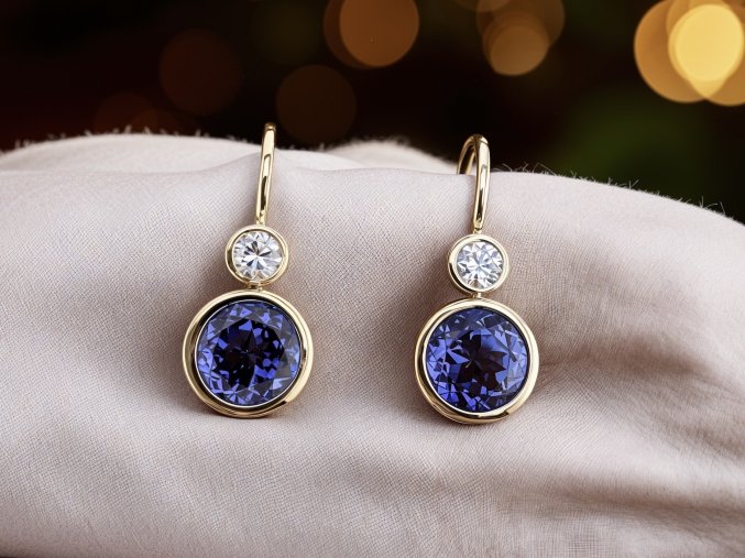 Zlaté Náušnice ¨Sněhuláci¨ s Diamanty a Tanzanity