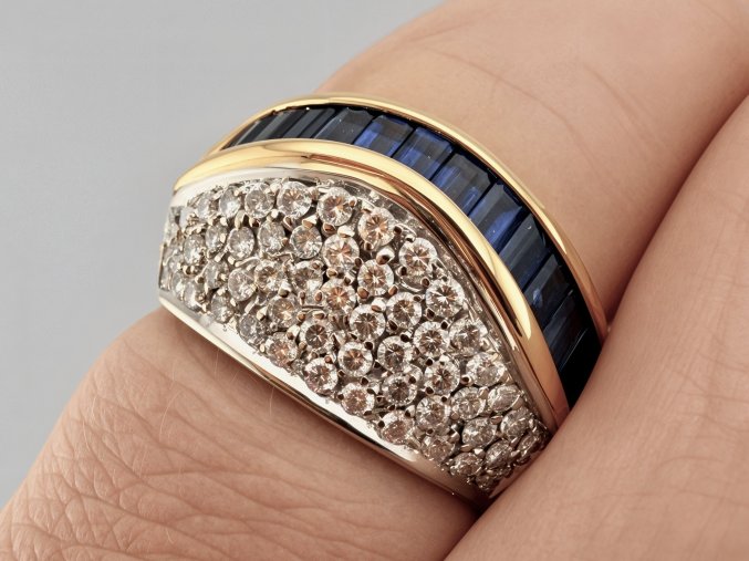 Zlatý Unisex Prsten s Diamanty a Safíry