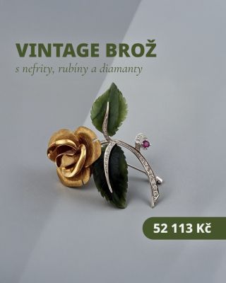 🌹 Růže, která kvete navždy. Výjimečná vintage brož spojuje sytě zelené nefrity, zářivý rubín a diamanty do podoby...