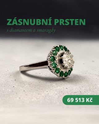 💚 Tento zásnubní prsten spojuje zářivý diamant s dvojicí sytě zelených smaragdů. Nadčasová kombinace drahokamů vytváří...