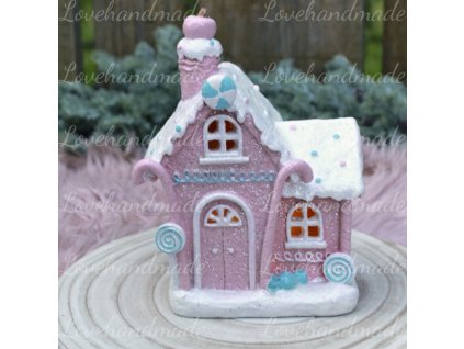domcek z cukroviniek ruzovy led polyresin 21cm